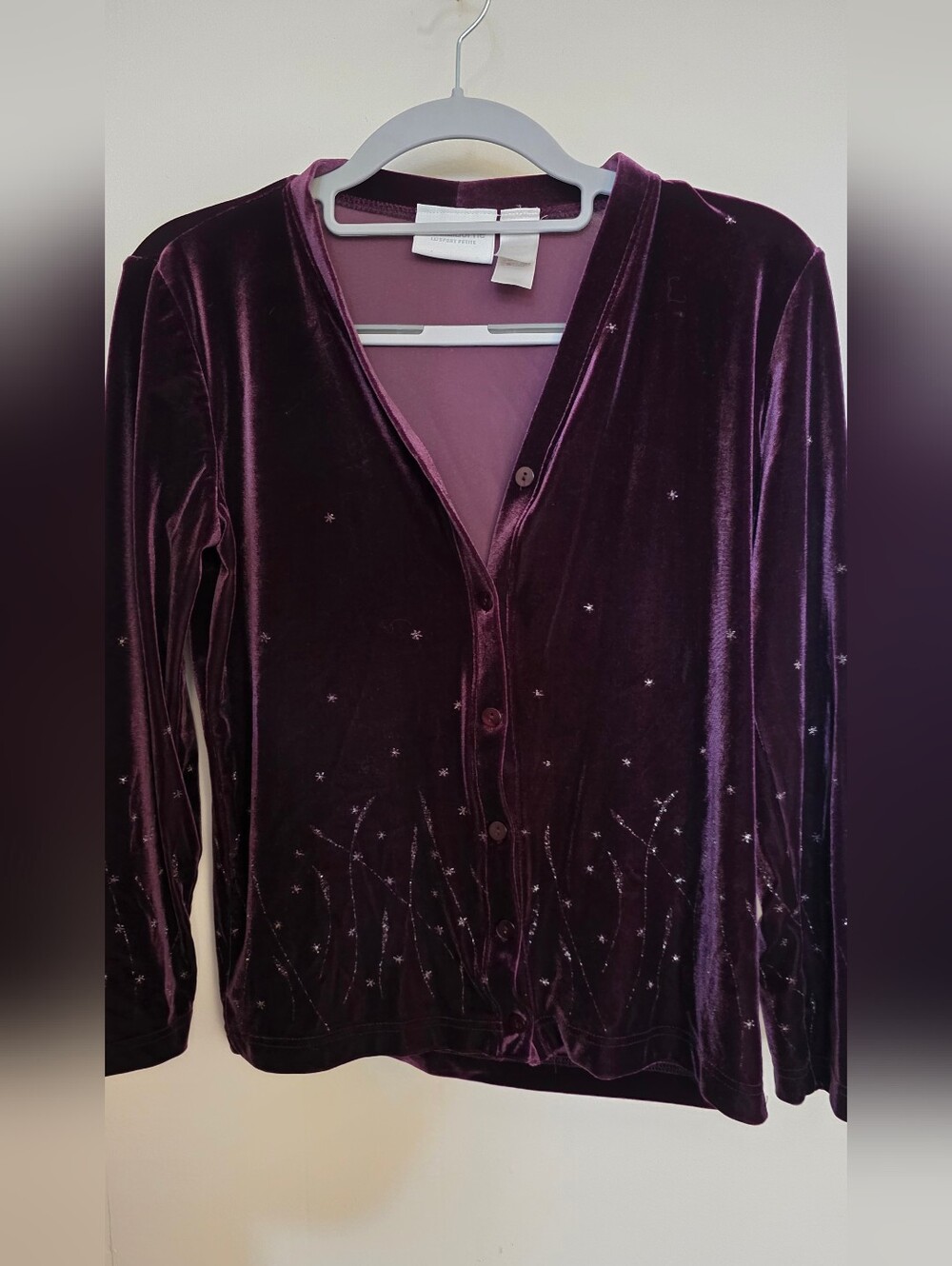Purple Liz Claiborne Velvet Button Front Cardigan with Silver Accents